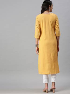 women's ankle length round neck yellow solid straight kurta 4