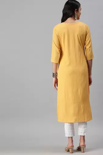 women's ankle length round neck yellow solid straight kurta