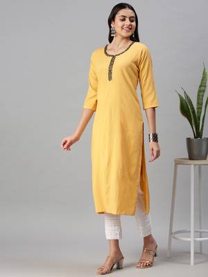 women's ankle length round neck yellow solid straight kurta 5