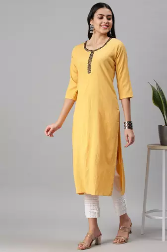 women's ankle length round neck yellow solid straight kurta