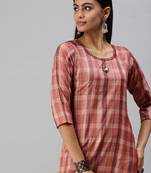 women's calf length round neck rust checked straight kurta