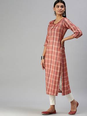 women's calf length round neck rust checked straight kurta 2