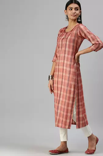 women's calf length round neck rust checked straight kurta