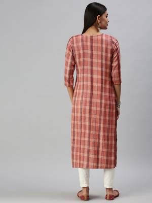 women's calf length round neck rust checked straight kurta 3