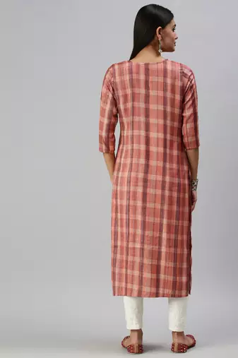 women's calf length round neck rust checked straight kurta