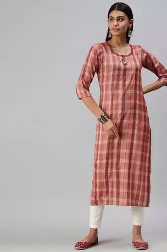 women's calf length round neck rust checked straight kurta