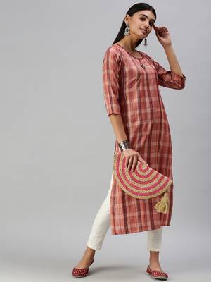 women's calf length round neck rust checked straight kurta 5