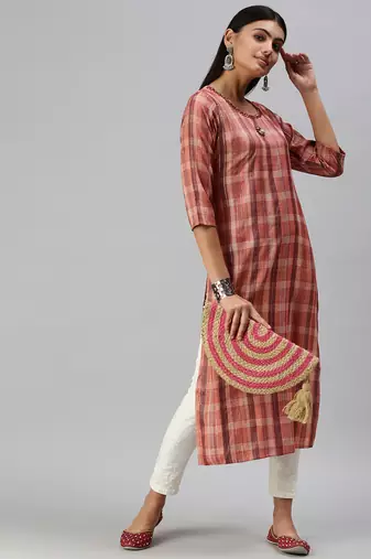 women's calf length round neck rust checked straight kurta
