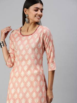 women's calf length round neck peach floral straight kurta 1