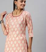 women's calf length round neck peach floral straight kurta
