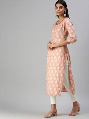 women's calf length round neck peach floral straight kurta 2