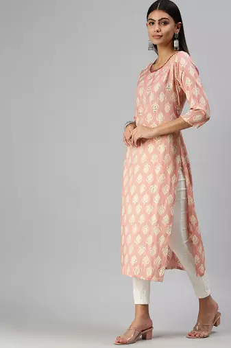 women's calf length round neck peach floral straight kurta