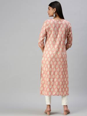 women's calf length round neck peach floral straight kurta 3