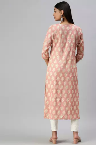 women's calf length round neck peach floral straight kurta