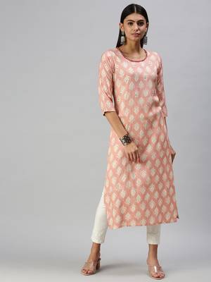 women's calf length round neck peach floral straight kurta 4