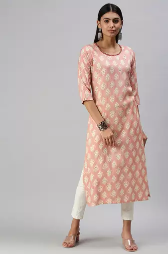 women's calf length round neck peach floral straight kurta