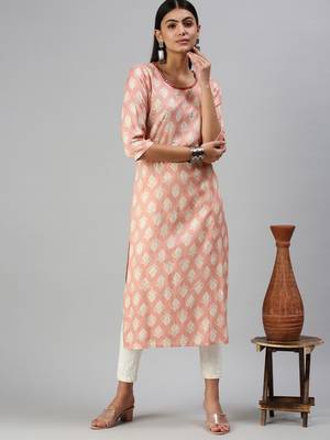 women's calf length round neck peach floral straight kurta 5