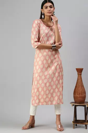 women's calf length round neck peach floral straight kurta