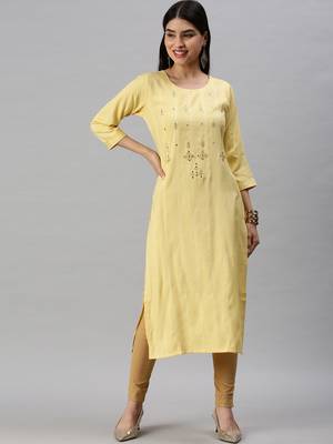 women's calf length round neck yellow striped straight kurta 1