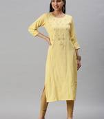 women's calf length round neck yellow striped straight kurta