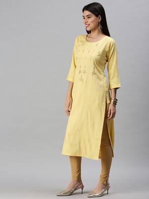 women's calf length round neck yellow striped straight kurta 2