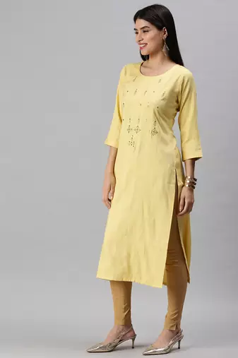 women's calf length round neck yellow striped straight kurta