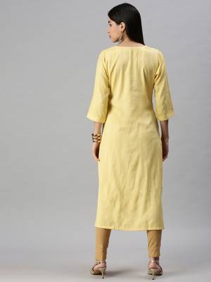 women's calf length round neck yellow striped straight kurta 3