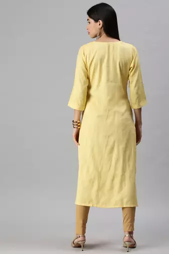 women's calf length round neck yellow striped straight kurta