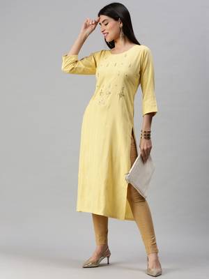 women's calf length round neck yellow striped straight kurta 4