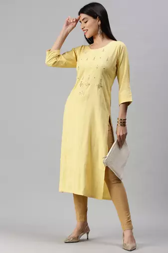 women's calf length round neck yellow striped straight kurta