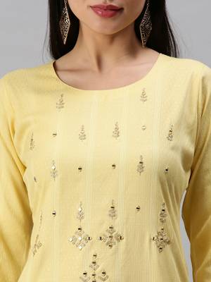 women's calf length round neck yellow striped straight kurta 5