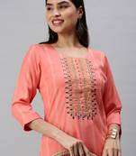 women's calf length round neck pink striped straight kurta