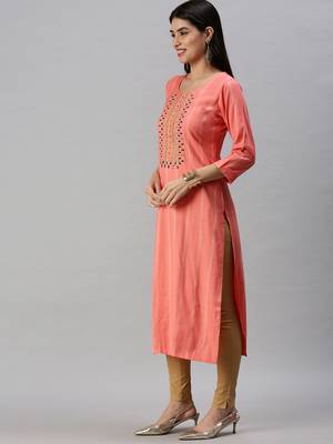 women's calf length round neck pink striped straight kurta 2