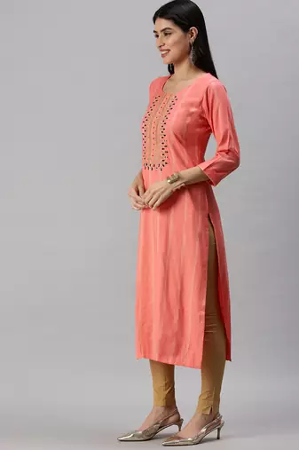 women's calf length round neck pink striped straight kurta