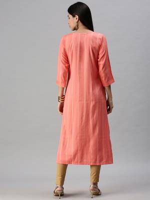 women's calf length round neck pink striped straight kurta 3