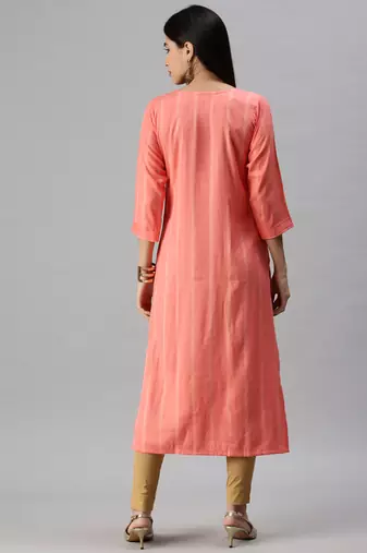 women's calf length round neck pink striped straight kurta