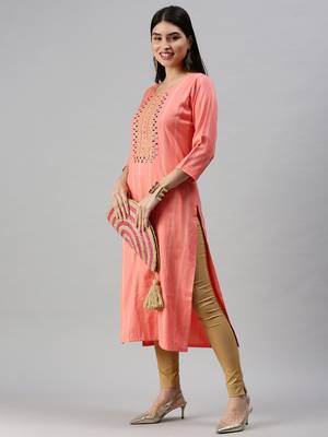 women's calf length round neck pink striped straight kurta 4