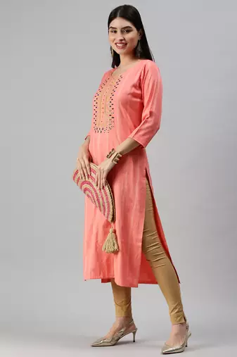women's calf length round neck pink striped straight kurta