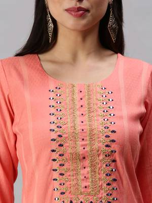 women's calf length round neck pink striped straight kurta 5