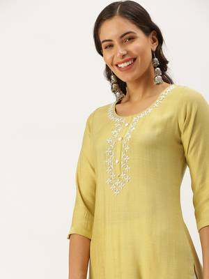 women's calf length round neck yellow embellished straight kurta 1