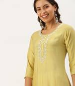 women's calf length round neck yellow embellished straight kurta