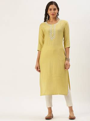 women's calf length round neck yellow embellished straight kurta 2