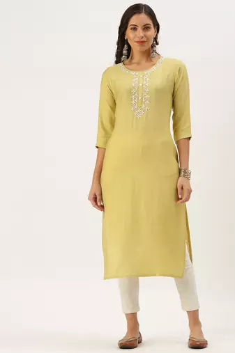 women's calf length round neck yellow embellished straight kurta