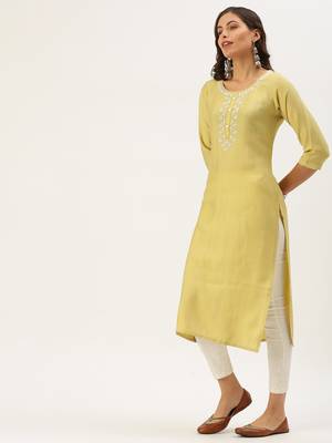 women's calf length round neck yellow embellished straight kurta 3