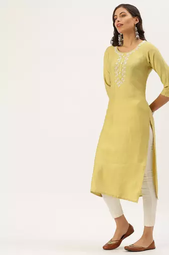 women's calf length round neck yellow embellished straight kurta