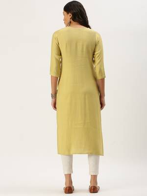 women's calf length round neck yellow embellished straight kurta 4