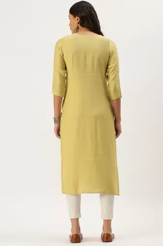 women's calf length round neck yellow embellished straight kurta