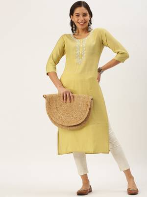 women's calf length round neck yellow embellished straight kurta 5