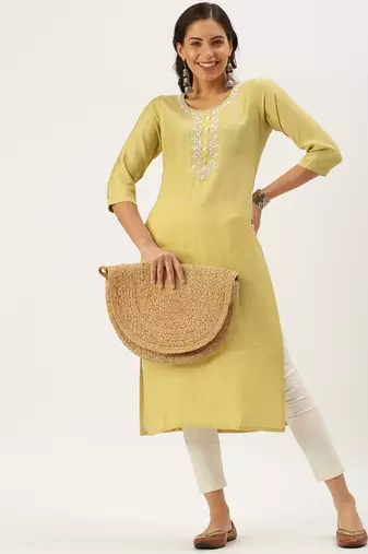women's calf length round neck yellow embellished straight kurta