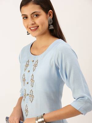 women's calf length round neck blue embellished straight kurta 1
